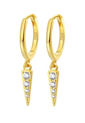 Gold-tone hoop earrings with a pointed drop design, featuring five embedded clear gemstones on a triangular charm. Made of sterling silver (S925).