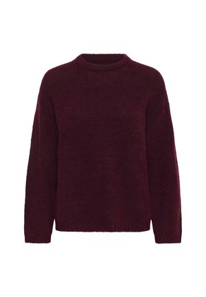 Pulover tricotat burgundy cu guler rotund, mâneci lungi și o croială lejeră. Textură moale, cu tiv din tricot pentru un detaliu suplimentar.