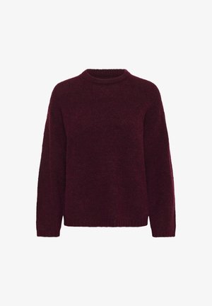 Pulover tricotat burgundy cu guler rotund, mâneci lungi și o croială lejeră. Textură moale, cu tiv din tricot pentru un detaliu suplimentar.