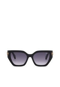 Lunettes de soleil noires oversize forme œil de chat avec verres dégradés foncés et ornements floraux dorés sur les branches.