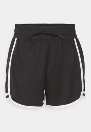 Schwarze Sportshorts mit elastischem Bund, Kordelzug und weißen Seitenstreifen. Sie haben eine glatte Textur und eine lockere Passform.