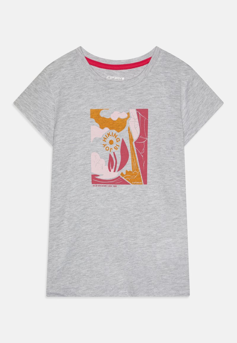 Pilka trumpa rankovė t-shirt marškiniai su spalvinga grafika, kurioje pavaizduoti debesis, kalnai ir užrašas "ŽYGIAVIMAS YRA DŽIAUGSMAS" įvairiose rožinėse ir oranžinėse atspalviuose.