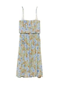Blumiges Midi-Kleid mit verstellbaren Spaghettiträgern. Aus leichtem Stoff gefertigt, mit einem grünen Hintergrund und blauen sowie orangen Blumen.