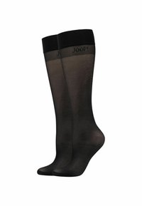 Schwarze knielange Socken mit einem transparenten Finish, versehen mit einem soliden schwarzen Gummiband an der Oberseite, das mit dem Markennamen "JOOP!" geprägt ist.