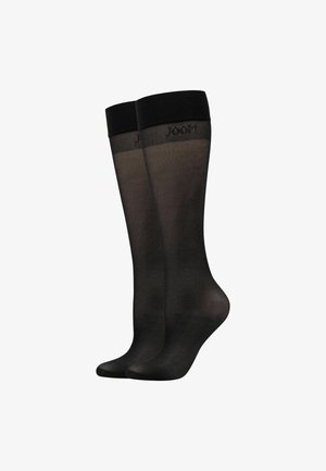 Sorte strømper, der går op over låret, med en gennemsigtig finish. Ribbede topbånd har brandnavnet "JOOP!" i en subtil, grålig nuance. Glat tekstur.