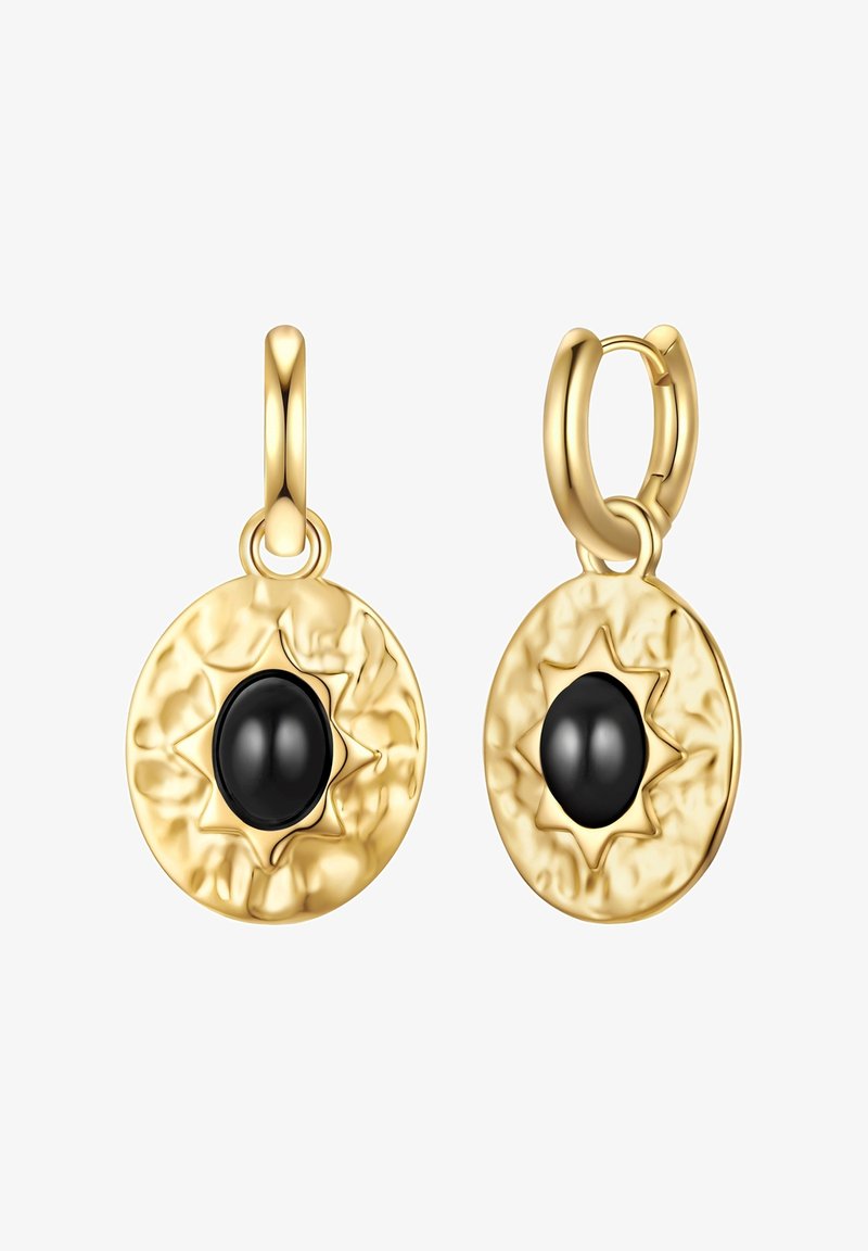 Auksiniai auskarai su žiedu, pasižymintys tekstūruotu apvaliu dizainu ir ryškiu juodu akmeniu centre, ovalo formos.