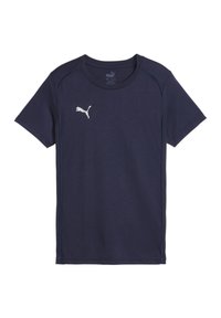 T-shirt a maniche corte blu navy realizzato in tessuto morbido, con il logo Puma bianco sul lato sinistro del petto e dettagli di cucitura blu chiaro.