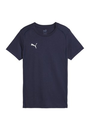 Marineblauwe t-shirt met korte mouwen van zachte stof, voorzien van een wit Puma-logo op de linkerborst en lichtblauwe stikdetails.