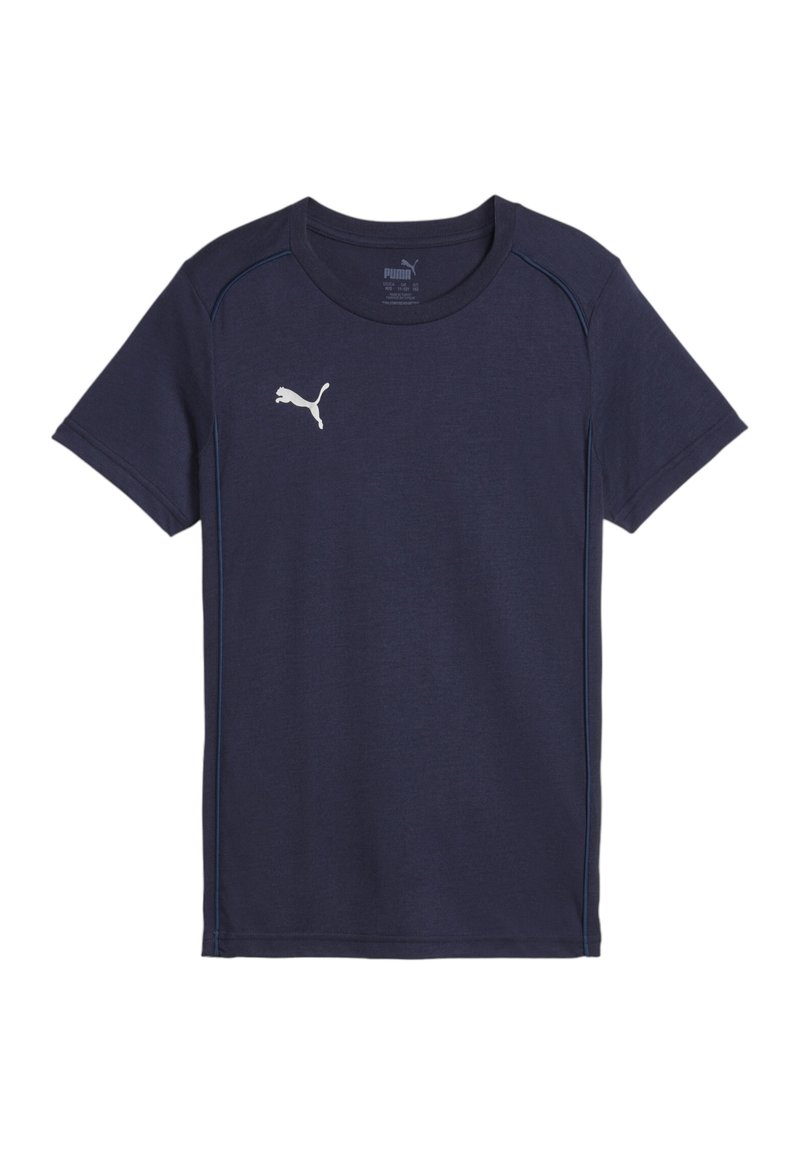 T-shirt a maniche corte blu navy realizzato in tessuto morbido, con il logo Puma bianco sul lato sinistro del petto e dettagli di cucitura blu chiaro.