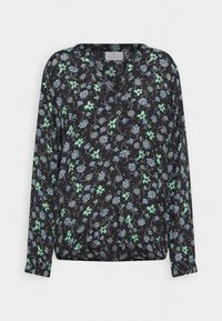 Blouse noire à manches longues avec un motif floral en vert et bleu, dotée d'un décolleté en V et d'un ourlet froncé, fabriquée en tissu léger.