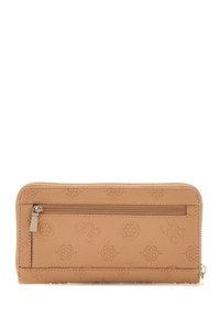 Portafoglio in pelle beige con design del logo in rilievo, forma rettangolare, chiusura con zip e una piccola tasca esterna. Tessuto liscio.