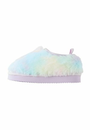 Suddig pastelltoffel med en flerfärgad, gradient pärupp och en ljuslila, texturerad sula. Har en dragflik baktill för enkel påtagning.