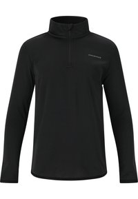 Svart långärmad tröja med kvartdragkedja och hög krage. Tillverkad av strukturerat tyg, med en diskret logotyp på bröstet.