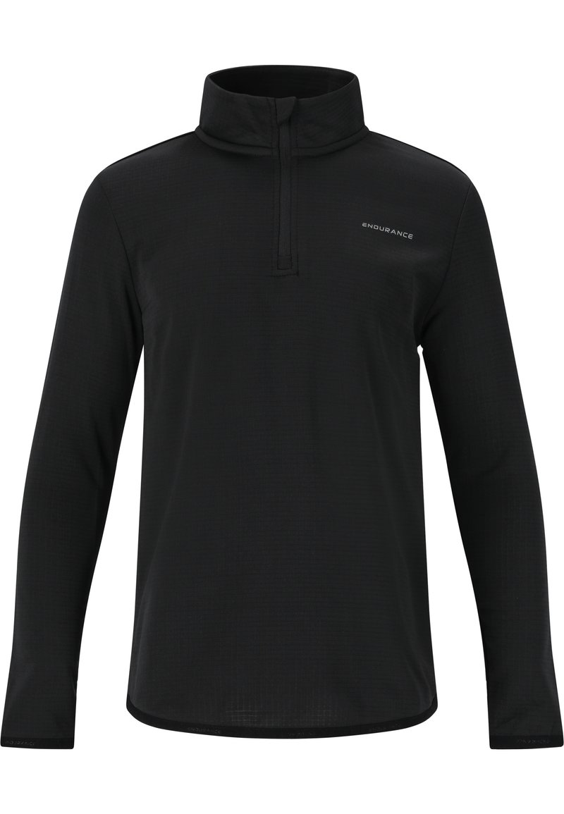 Svart långärmad tröja med kvartdragkedja och hög krage. Tillverkad av strukturerat tyg, med en diskret logotyp på bröstet.