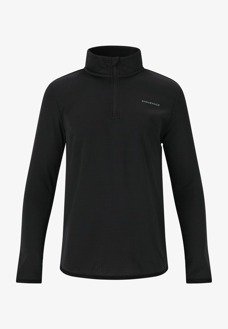 Svart långärmad tröja med kvartdragkedja och hög krage. Tillverkad av strukturerat tyg, med en diskret logotyp på bröstet.