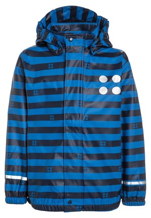 Blau-schwarz gestreifte Kapuzen-Regenjacke mit elastischen Bündchen, vorderer Druckknopf- und Reißverschluss sowie vier reflektierenden weißen Punkten auf der Brust.