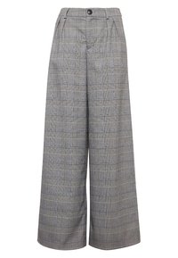 Pantalons large à carreaux gris avec taille haute, présentant des plis à l'avant, une fermeture à bouton et deux poches latérales. Tissu résistant aux plis.