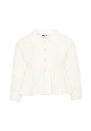 Blusa color crema a maniche lunghe con bottoni sul davanti, dettagli in pizzo su colletto, polsini e orlo, e una vita leggermente svasata.