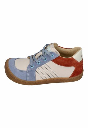 Casual low-top sneaker with blue suede toe, light beige leather body, red suede heel, blue laces, and brown rubber sole.