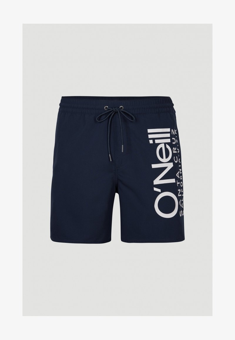 Shorts de bain bleu marine avec une taille élastique à cordon, présentant un texte graphique blanc sur le côté gauche et une texture de tissu lisse.