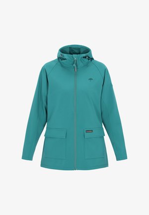 Türkiz vízálló kabát kapucnival, elülső cipzárral, két nagy zsebbel és egy visszafogott logóval. Sima textúrájú, hosszú ujjú, rugalmas mandzsettákkal.