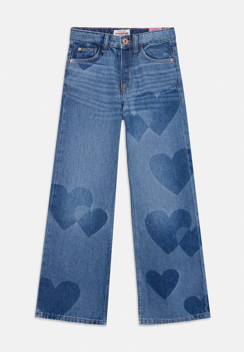 Lys blå denim vide bukser med høj talje, der har mørkeblå hjerte mønstre over det hele. Inkluderer fem-lommer design og knaplukning.