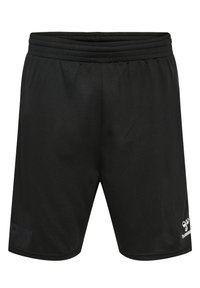 Svarta sportshorts i lättviktig tyg, med en bred elastisk midjeband och diskreta logotyper på nedre vänster och höger sida.