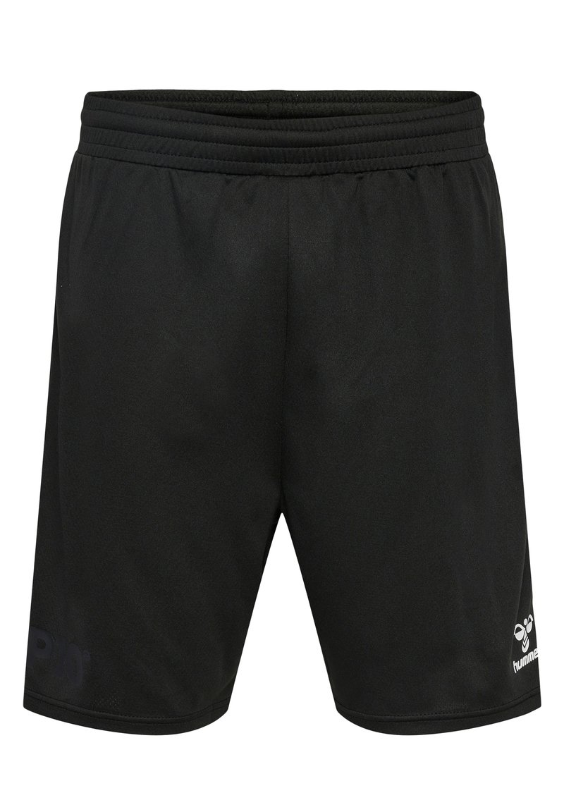 Svarta sportshorts i lättviktig tyg, med en bred elastisk midjeband och diskreta logotyper på nedre vänster och höger sida.