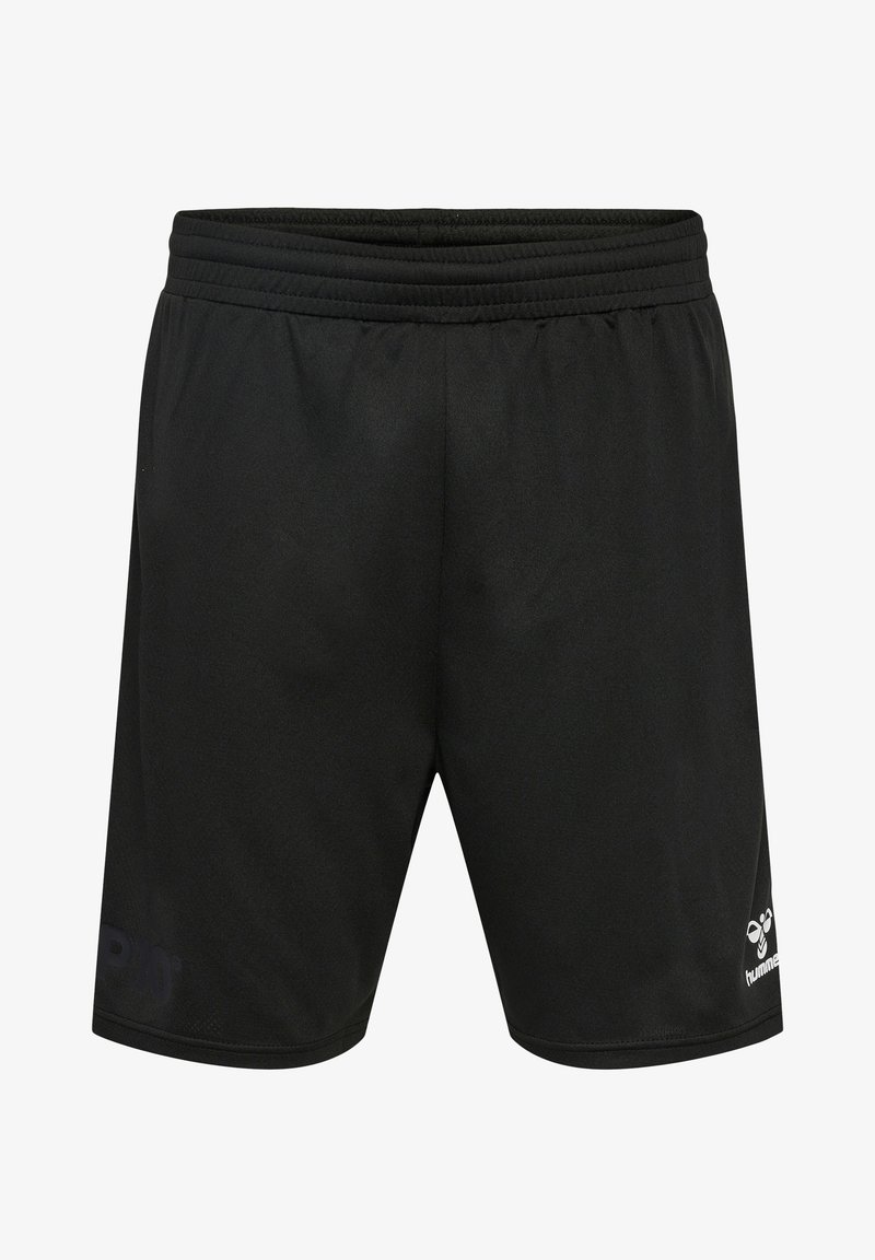 Schwarze Sportshorts aus leichtem Material, mit einem breiten elastischen Bund und dezenten Logos an der unteren linken und rechten Seite.