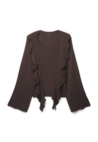 Cardigan marrone con dettagli a volant lungo la parte anteriore, design aperto davanti, maniche lunghe, tessuto morbido, corpo aderente e lunghezza cropped.