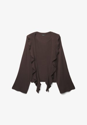 Cardigan marron avec des détails froncés à l'avant, design ouvert à l'avant, manches longues, texture douce, coupe ajustée et longueur cropped.