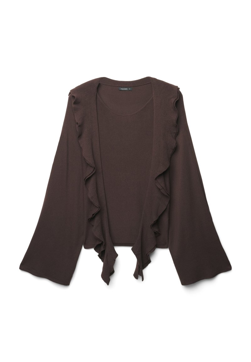 Cardigan marrone con dettagli a volant lungo la parte anteriore, design aperto davanti, maniche lunghe, tessuto morbido, corpo aderente e lunghezza cropped.