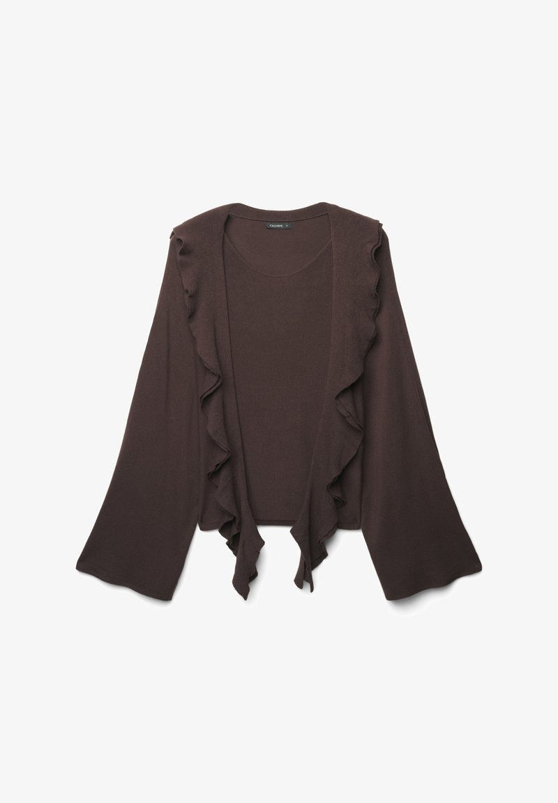 Cardigan marrone con dettagli a volant lungo la parte anteriore, design aperto davanti, maniche lunghe, tessuto morbido, corpo aderente e lunghezza cropped.