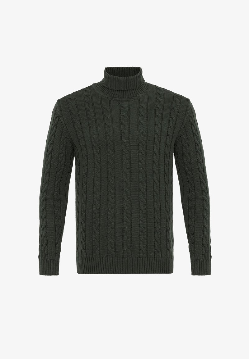 Pull col roulé en tricot côtelé vert foncé avec des poignets et un ourlet côtelés, décoré de motifs texturés en relief et offrant une coupe près du corps.