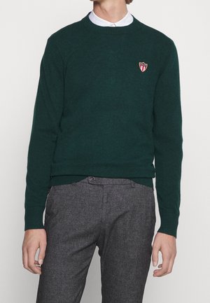 Man wearing a dark green crewneck sweater with a small red and white GANT logo patch, white collared shirt, and gray trousers.