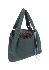 Donkerblauwe handtas met een zachte, textuurachtige buitenkant. Twee stoffen handvatten, een patroond binnenkant en een ritszak zichtbaar aan de binnenkant.