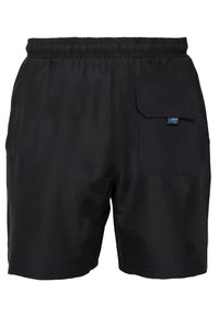 Schwarze Badeshorts mit elastischem Bund, Gesäßtasche mit Klappe und glatter Oberfläche. Einfaches Design, keine sichtbaren Muster oder Akzente.