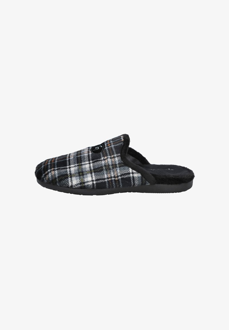 Zapatilla de cuadros en negro y gris con forro suave de piel sintética, diseño trasero abierto y suela de goma negra texturizada. Cuenta con un pequeño detalle de logo.