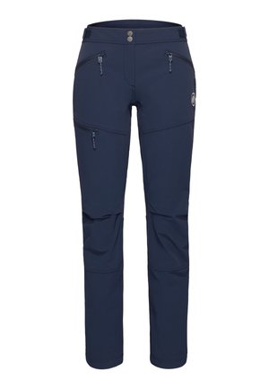 Marineblå udendørsbukser med justerbar talje, fire lynlåslommer, formsyede knæ og et lille logo på højre lår.