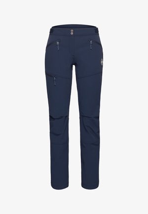Donkerblauwe outdoorbroek met verstelbare taille, vier zakken met rits, uitgesneden knieën en een klein logo op de rechterdij.