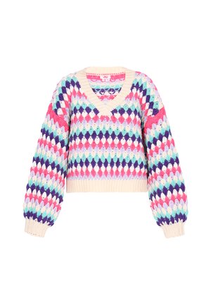 Crochet sweater with a V-neck, featuring a diamond pattern in pastel colors: mint green, pink, purple, and cream. Puff sleeves and ribbed hem.