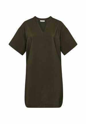 Robe tunique courte à manches courtes vert foncé avec un col rond en V et un ourlet droit sur fond blanc.