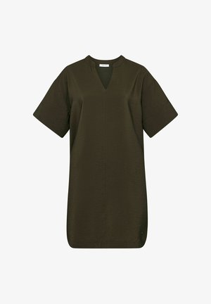 Robe tunique courte à manches courtes vert foncé avec un col rond en V et un ourlet droit sur fond blanc.