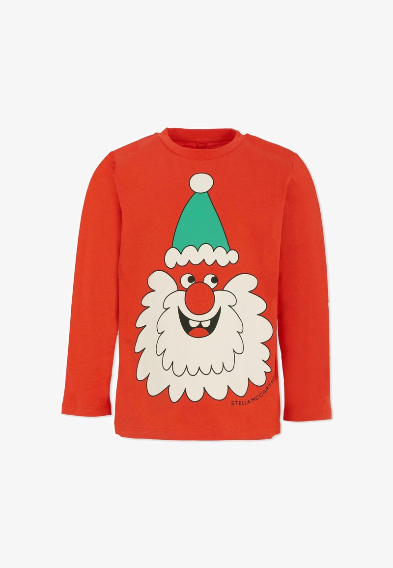 T-shirt à manches longues rouge avec un grand graphique de Père Noël à barbe blanche portant un chapeau turquoise et un visage souriant.