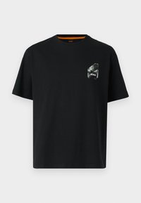 Black cotton t-shirt with short sleeves, round neckline, and a small, graphic logo in white and grey on the left chest.