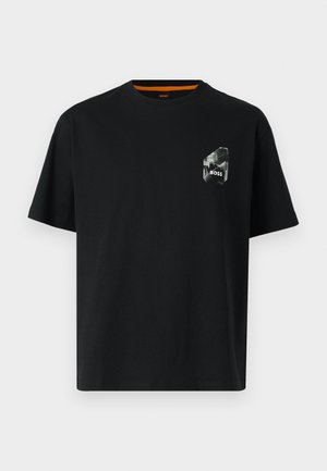 Black cotton t-shirt with short sleeves, round neckline, and a small, graphic logo in white and grey on the left chest.