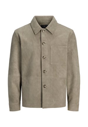 Γκρι ανδρικό σουέντ μπουφάν με κουμπιά, τσέπη στο στήθος, μακριά μανίκια και μυτερό γιακά.