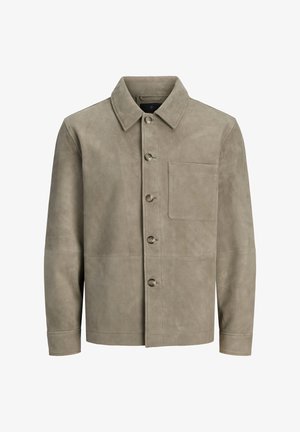 Férfi szürke velúr gombos dzseki mellzsebbel, hosszú ujjal és hegyes gallérral.