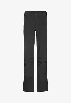 Black softshell pants with a straight-leg design, featuring two front pockets and a textured waistband for added grip.