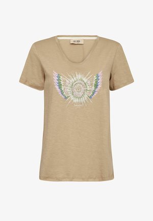 Cămașă bej cu mâneci scurte și decolteu rotund, având un design colorat brodat circular cu raze de soare și aripi pe piept.